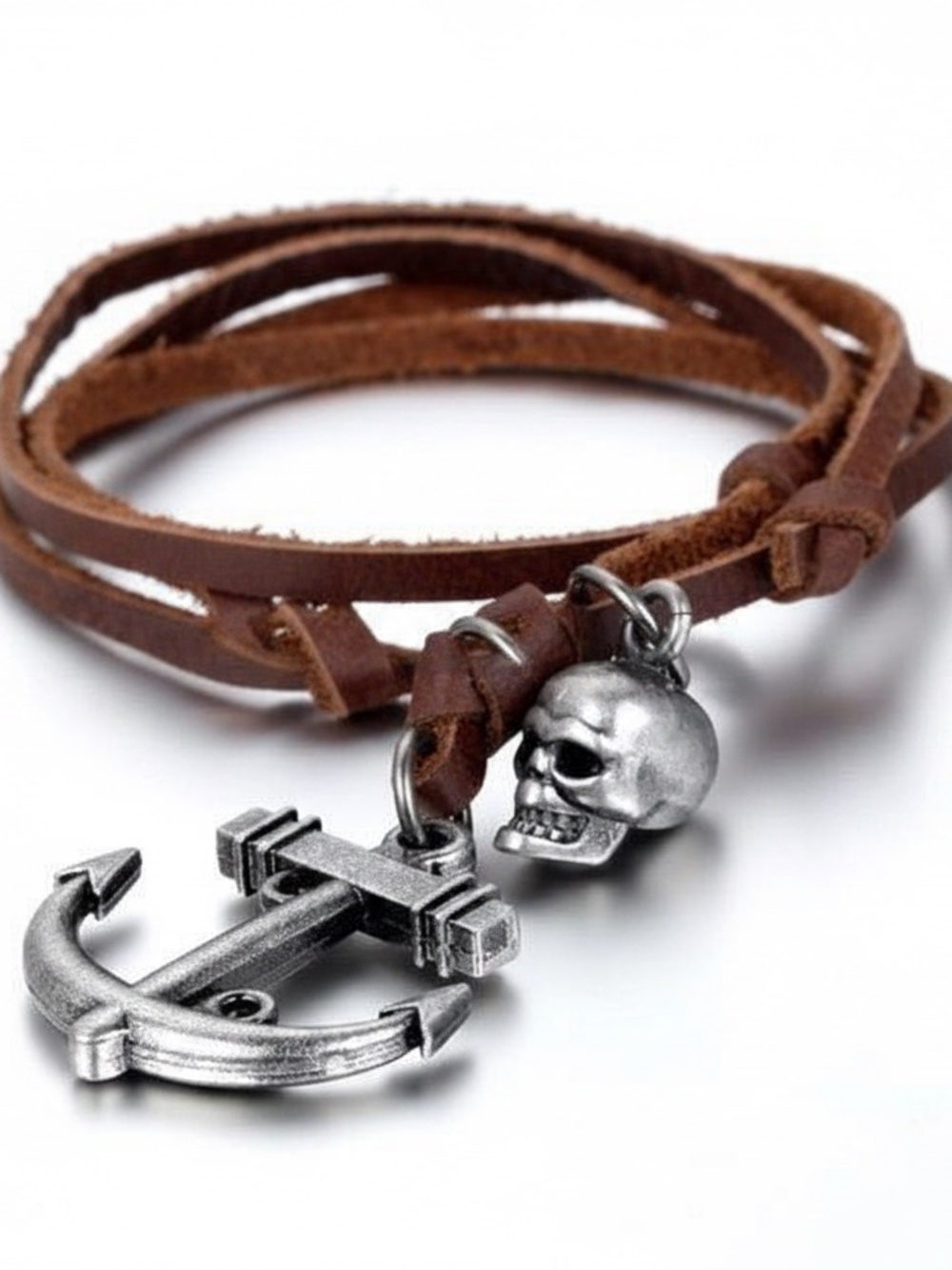 Mens Skull Anchor‎ Adjustable Brown Leather Pendant Necklace